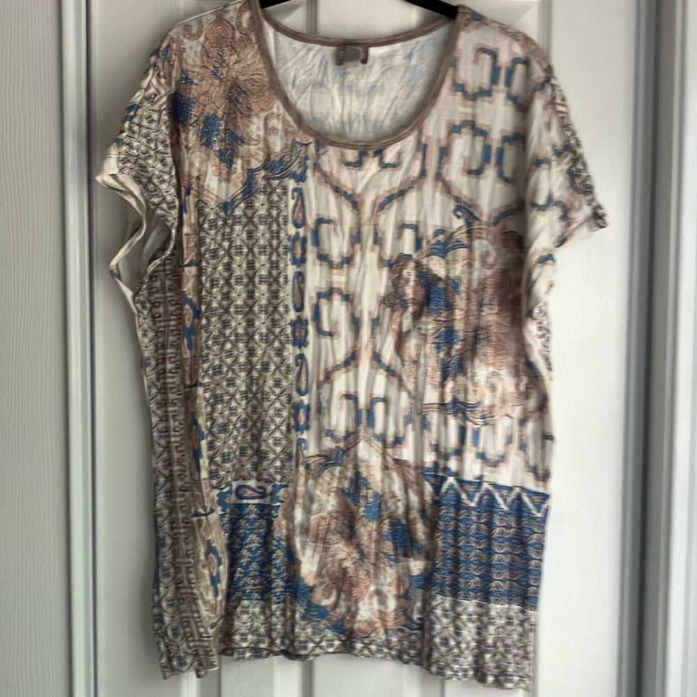 Chico’s tunic top blouse bateau neck cap sleeves blue tan orchid 2 or M 12/14